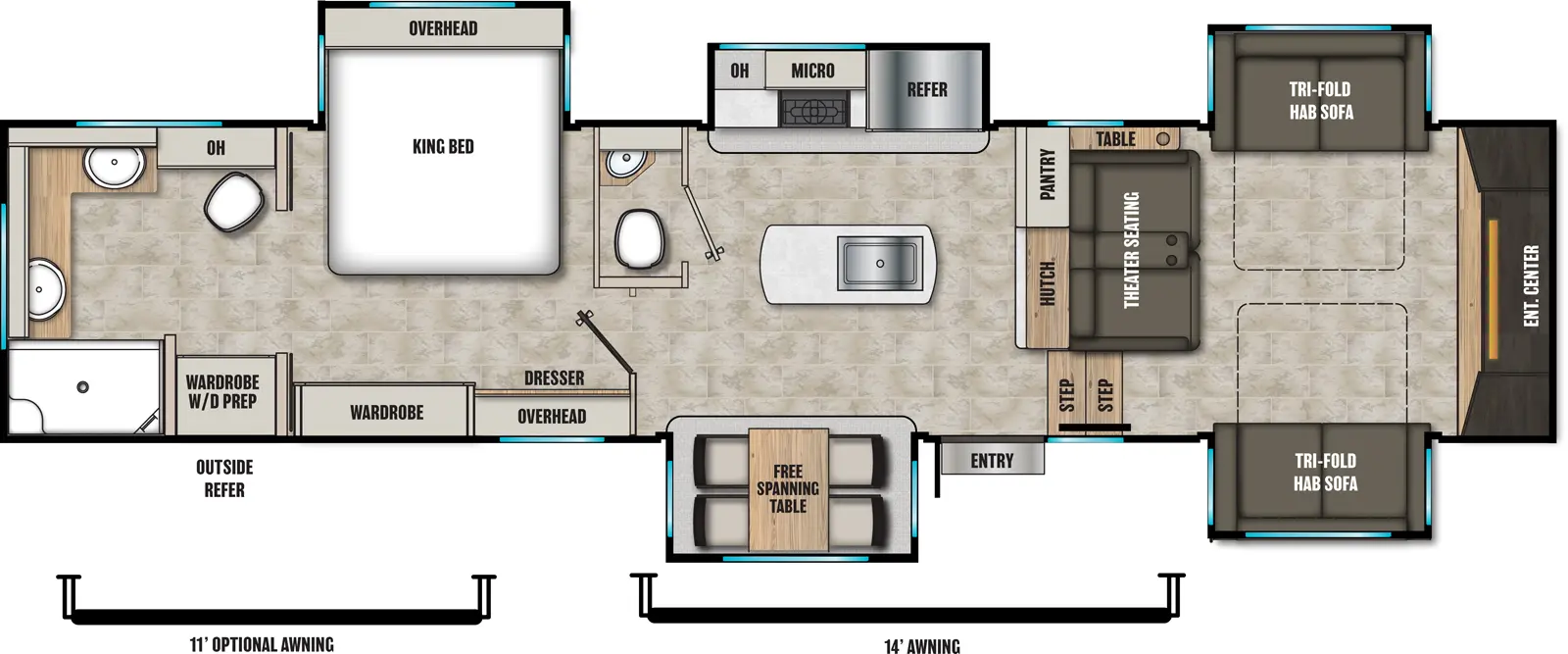 The Brookstone 344FL floorplan has one entry and five slide outs. Exterior features include: fiberglass exterior and 14' & Opt. 11' awning. Interiors features include: kitchen island, free-standing dinette option, front living, rear bathroom and bathroom and a half.
